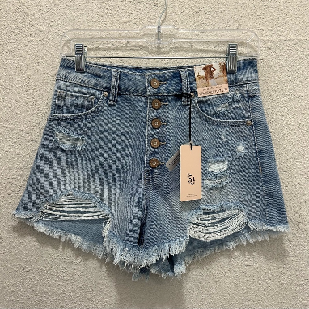 Sincerely Jules Distressed Super High Rise Wedge Button Up Denim Shorts NWT 3/26